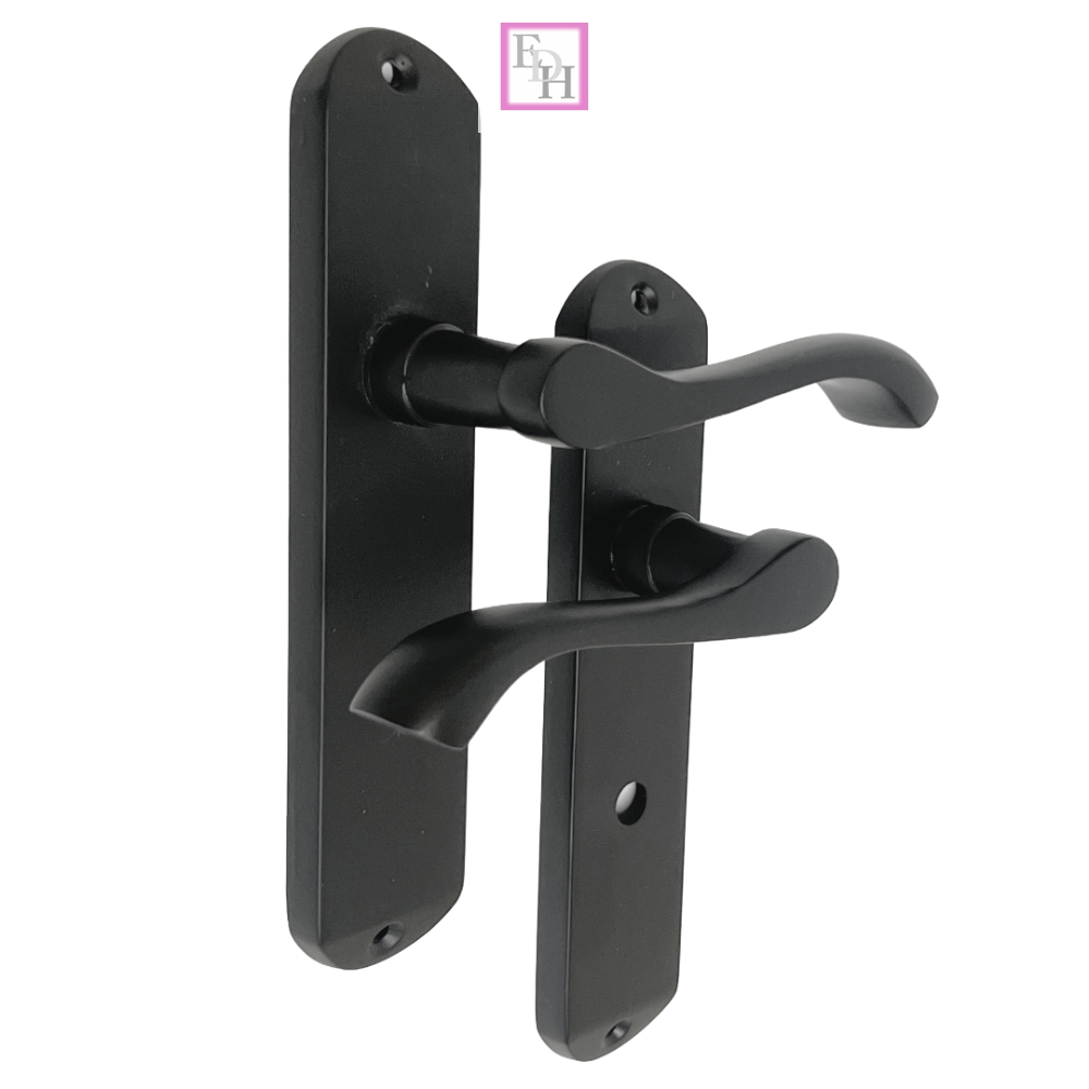 Cadenza Modern Matt Black Scroll Door Handles  Bathroom Lock Handle 178mm x 40mm