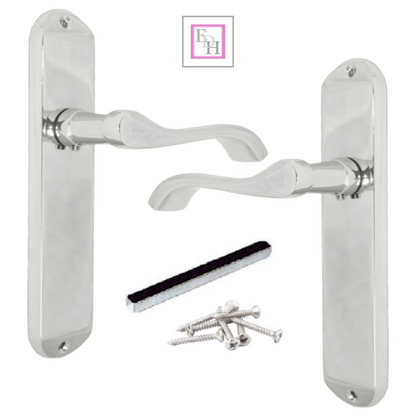 Door Handles Cadenza Chrome Scroll on Backplate, Latch, Lock & Bathroom Sets