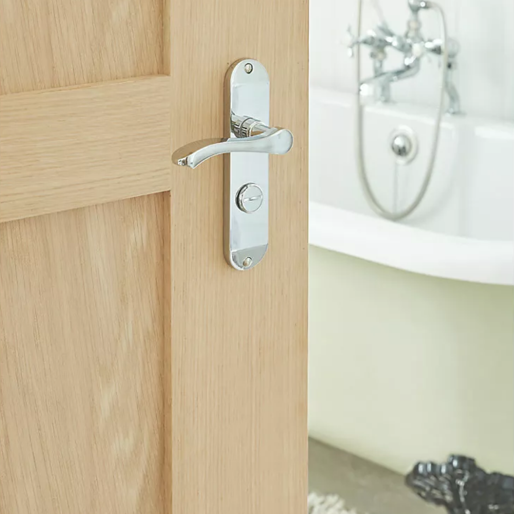 Cadenza Chrome Scroll Door Handles on Backplate – Bathroom Lock Set