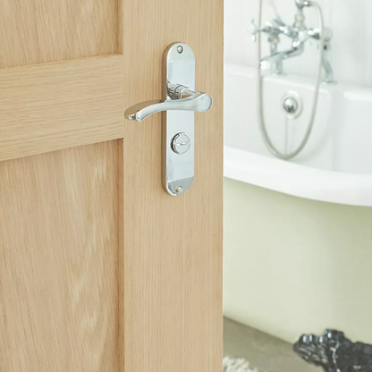 Cadenza Chrome Scroll Door Handles on Backplate – Bathroom Lock Set