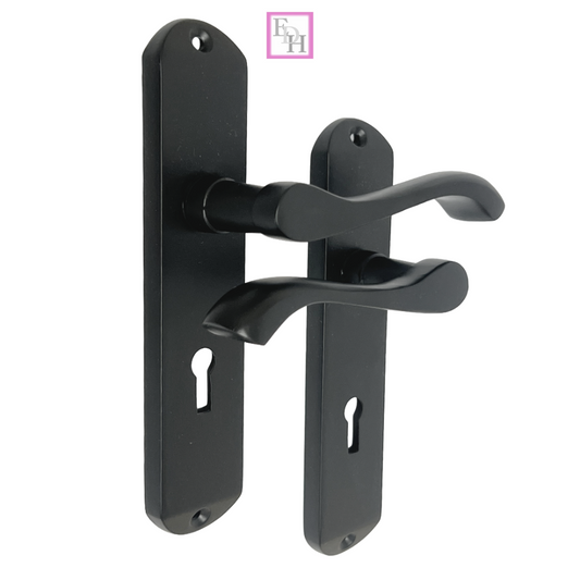Cadenza Door Handles Set Black Victorian Scroll Lever Lock Handle 178mm x 40mm