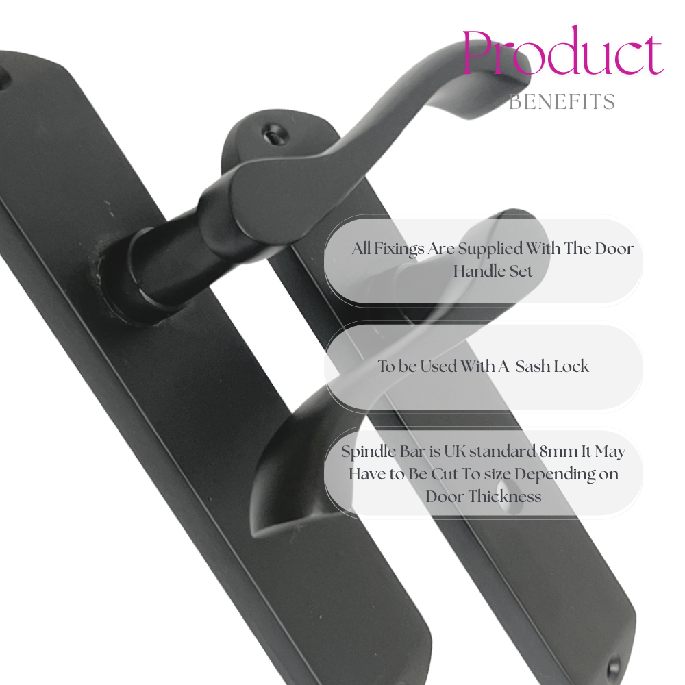 Cadenza Modern Matt Black Scroll Door Handles  Bathroom Lock Handle 178mm x 40mm