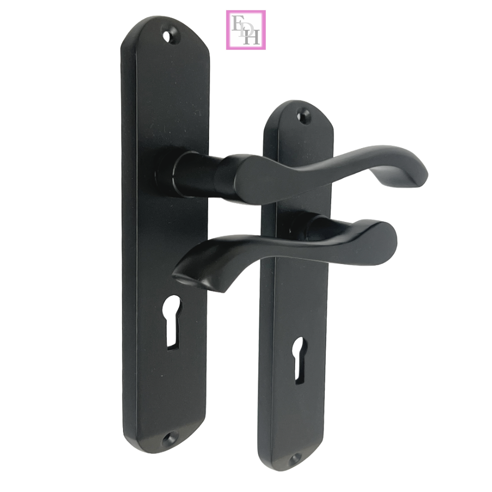 Cadenza Door Handles Set Black Victorian Scroll Lever Lock Handle 178mm x 40mm