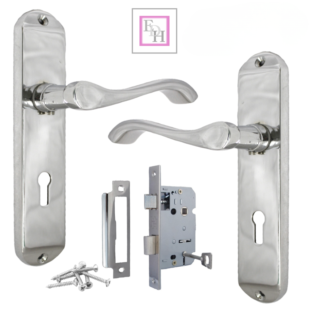 Cadenza Door Handles Set  Chrome Victorian Scroll Lever Lock Handle 178mm x 40mm