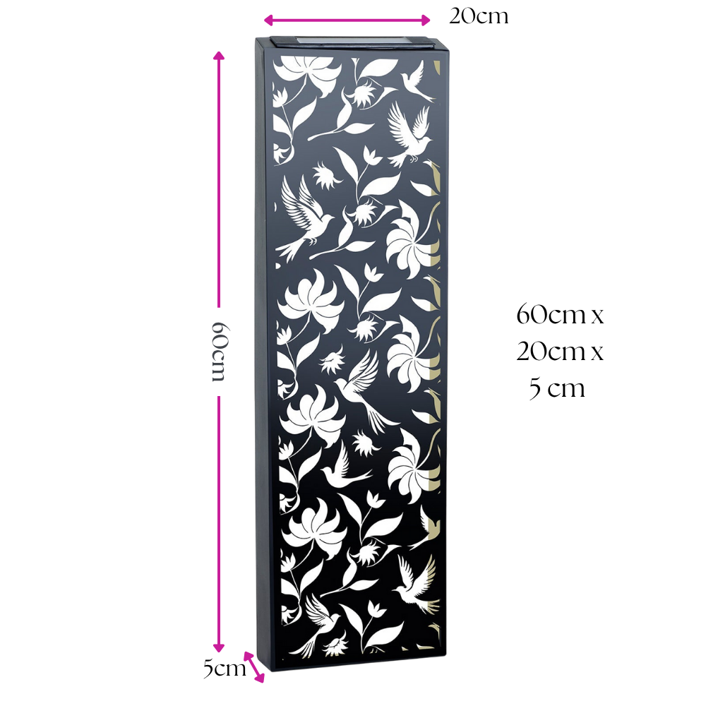 Narrow Solar Wall Panel with Birds – Outdoor Metal Wall Art with LED Light | Weatherproof Garden & Fence Décor Birds Silhouette (60×20×5cm)