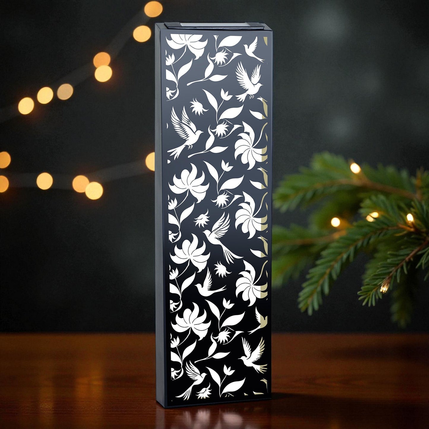 Narrow Solar Wall Panel with Birds – Outdoor Metal Wall Art with LED Light | Weatherproof Garden & Fence Décor Birds Silhouette (60×20×5cm)