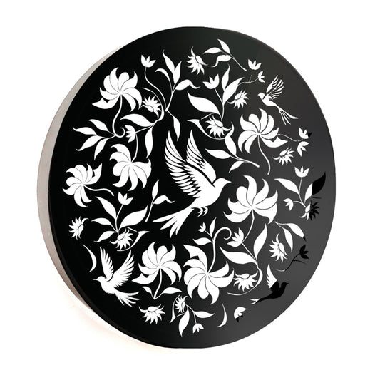 Round Solar Wall Panel with Birds, Outdoor Metal Wall Art with LED Light, Weatherproof Garden & Patio Décor Circular Birds Silhouette Panel