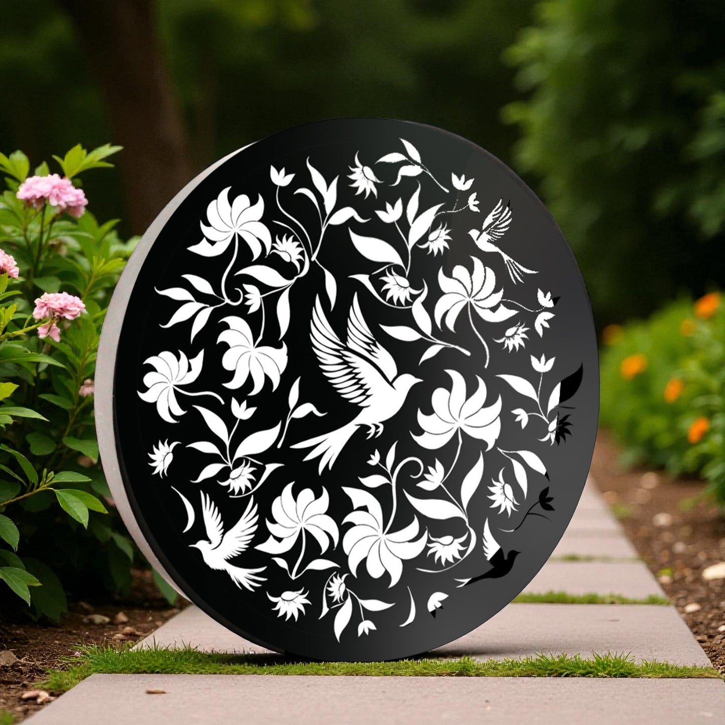 Round Solar Wall Panel with Birds, Outdoor Metal Wall Art with LED Light, Weatherproof Garden & Patio Décor Circular Birds Silhouette Panel