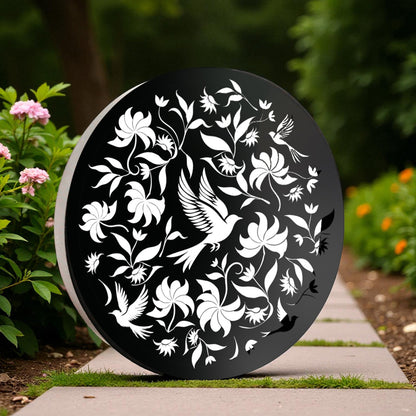 Round Solar Wall Panel with Birds, Outdoor Metal Wall Art with LED Light, Weatherproof Garden & Patio Décor Circular Birds Silhouette Panel