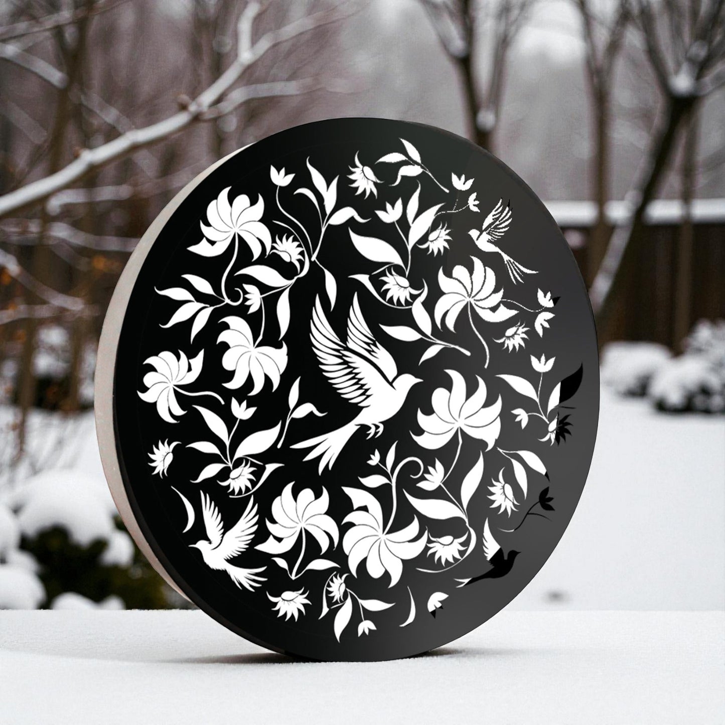 Round Solar Wall Panel with Birds, Outdoor Metal Wall Art with LED Light, Weatherproof Garden & Patio Décor Circular Birds Silhouette Panel