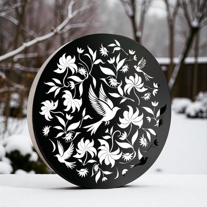 Round Solar Wall Panel with Birds, Outdoor Metal Wall Art with LED Light, Weatherproof Garden & Patio Décor Circular Birds Silhouette Panel