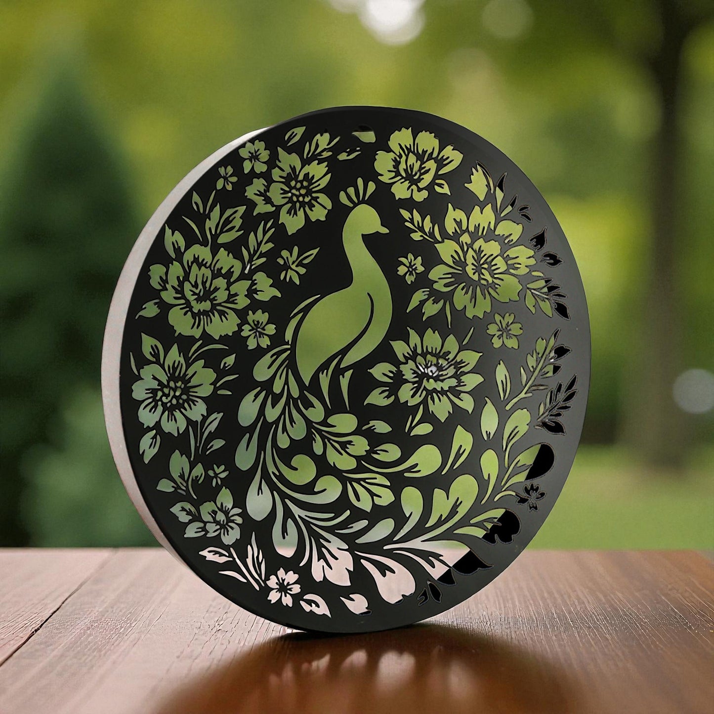 Round Solar Wall Panel with Peacock Outdoor Metal Wall Art with LED Light Weatherproof Garden & Patio Décor | Circular Peacock Panel (40cm)