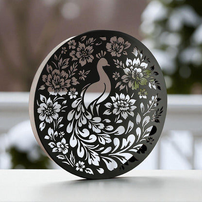 Round Solar Wall Panel with Peacock Outdoor Metal Wall Art with LED Light Weatherproof Garden & Patio Décor | Circular Peacock Panel (40cm)