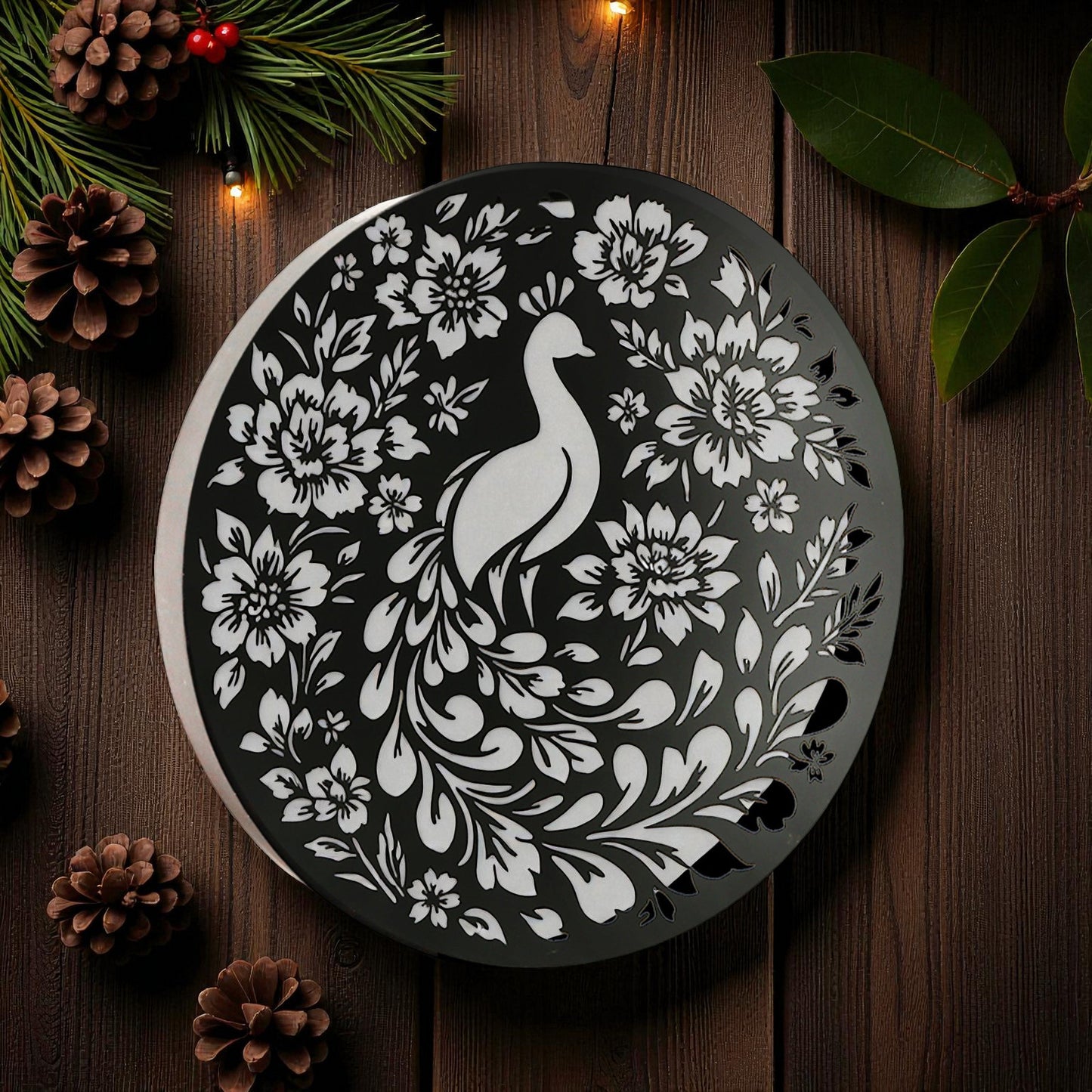 Round Solar Wall Panel with Peacock Outdoor Metal Wall Art with LED Light Weatherproof Garden & Patio Décor | Circular Peacock Panel (40cm)