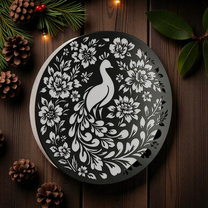 Round Solar Wall Panel with Peacock Outdoor Metal Wall Art with LED Light Weatherproof Garden & Patio Décor | Circular Peacock Panel (40cm)