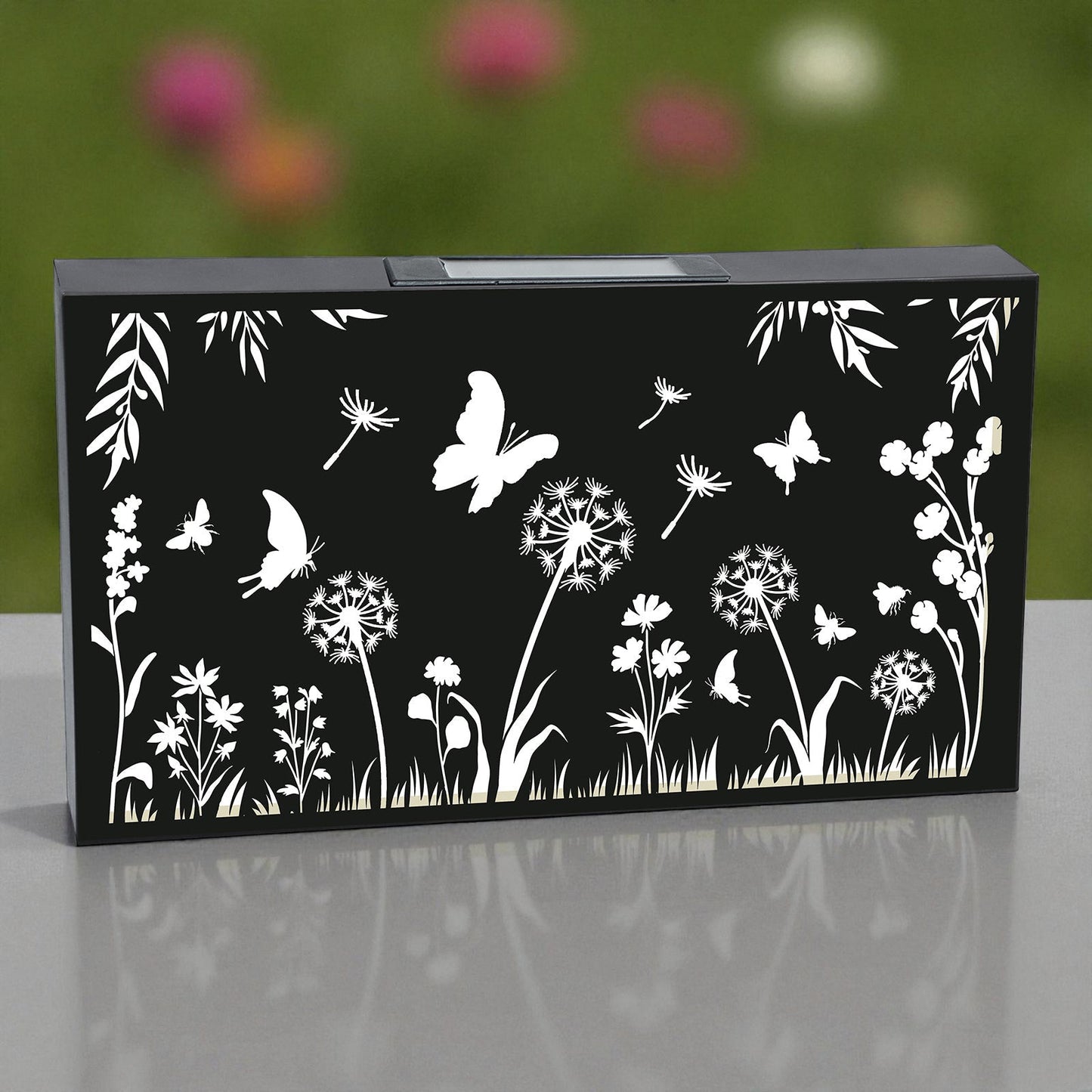 Landscape Solar Wall Panel with Butterfly Outdoor Metal Wall Art with Warm LED Light Weatherproof Garden & Patio Décor | Butterfly Panel