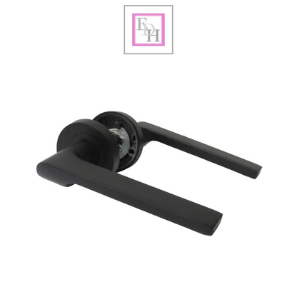 Modern Matt Black Lever on Rose Plate Door Handle Set with Tubular Latch – 1 Pairs, 52mm Round Rose Plate & 127mm Lever Handle – Contemporary Interior Door Hardware