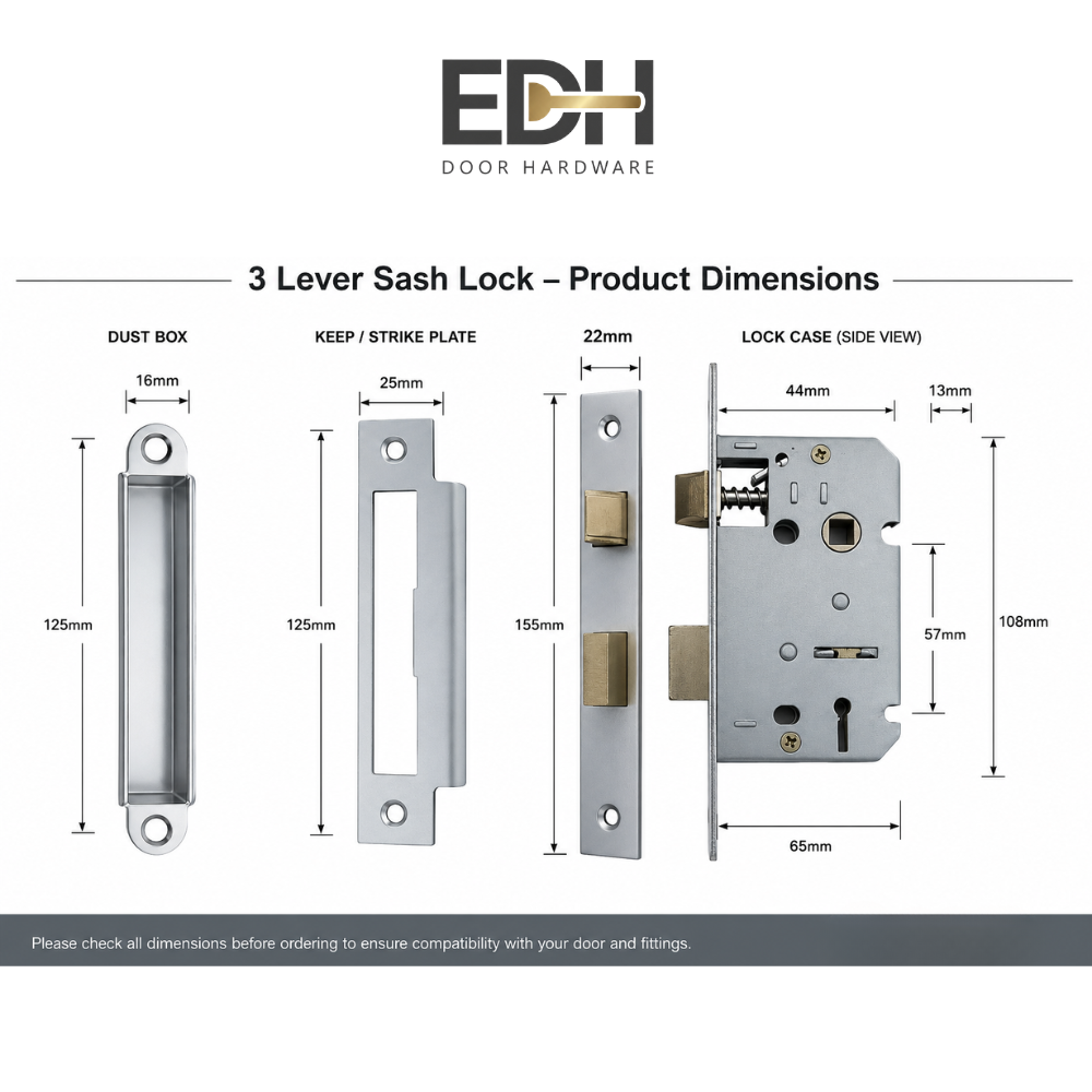 3 Lever Sash Lock – Mortice Door Lock - Multiple Finishes