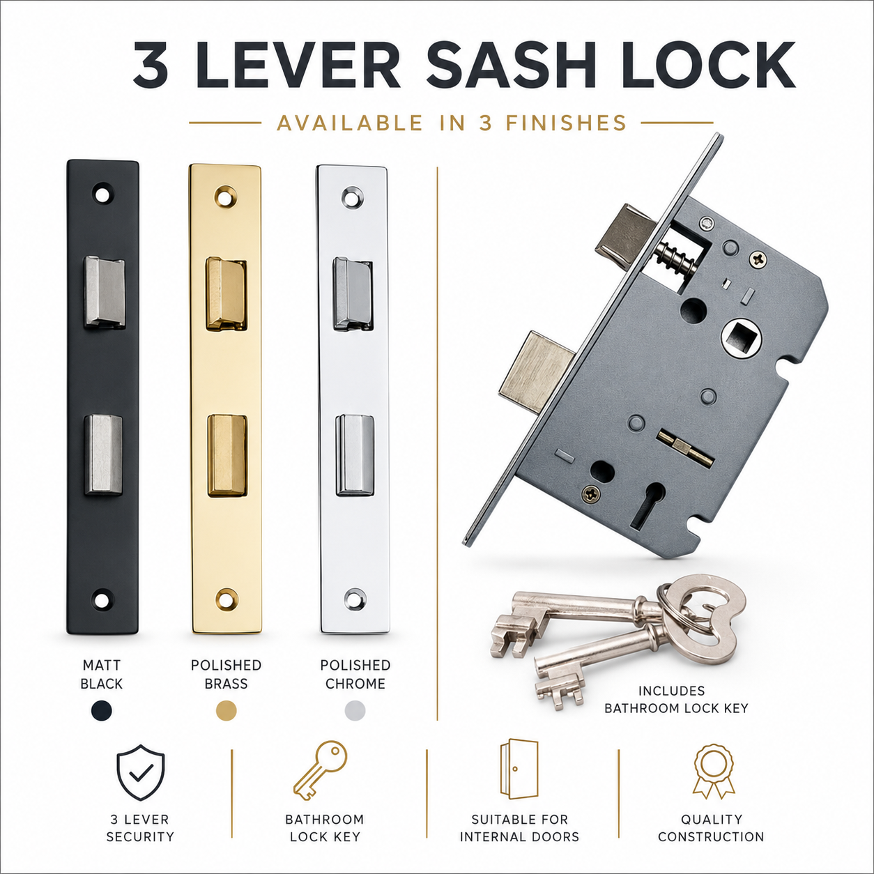 3 Lever Sash Lock – Mortice Door Lock - Multiple Finishes