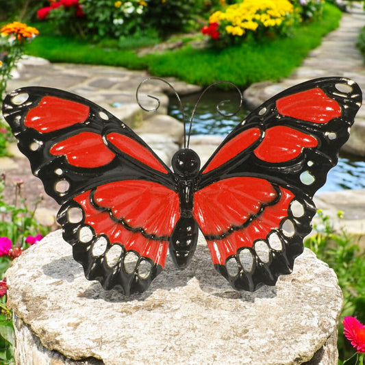 Large Metal Butterfly with Flapping Wings - Red