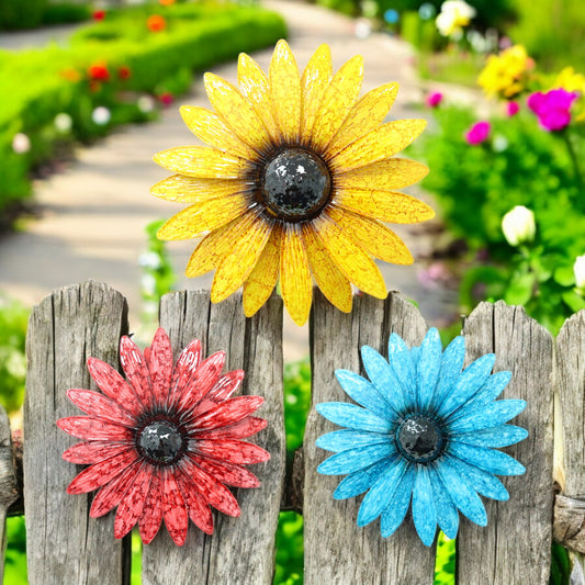 Set of 3 Metal Wall Mounted Glossy Daisies
