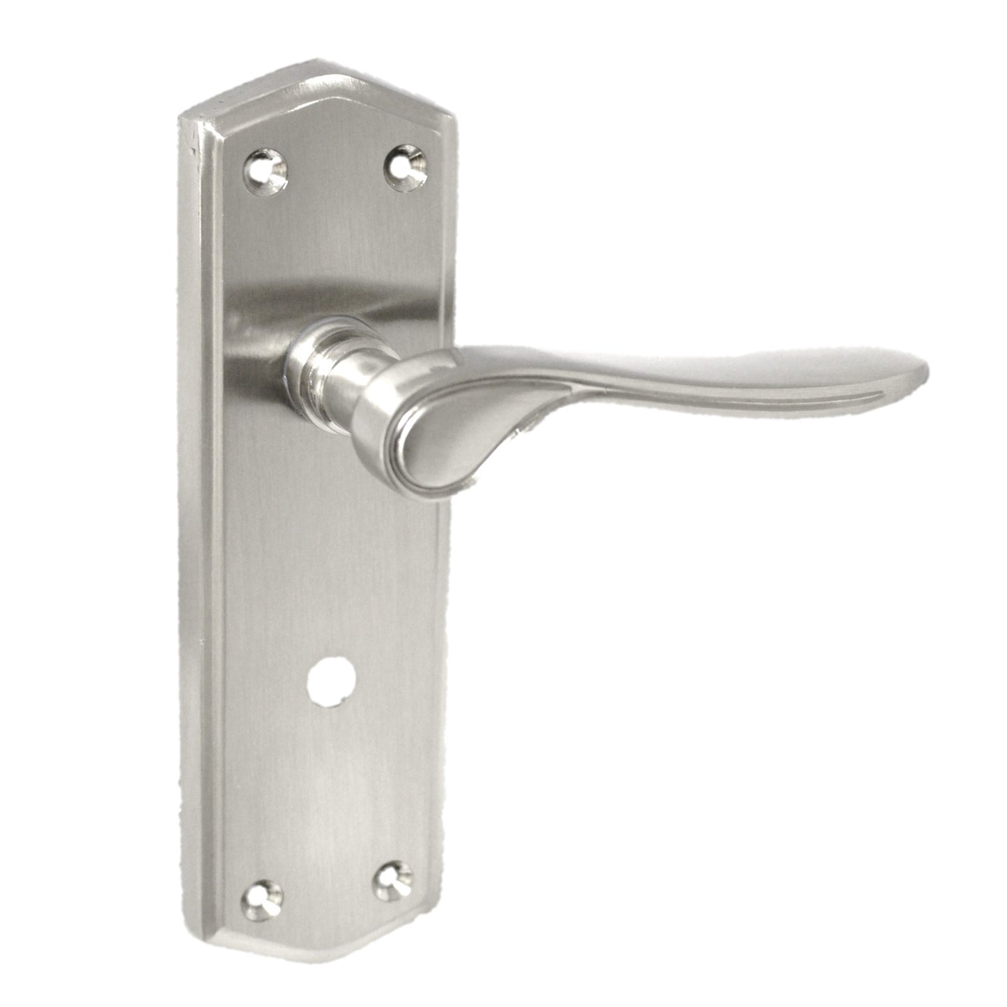 Satin Finish Bathroom Door Handle On Shaped Backplate + Bath Lock
