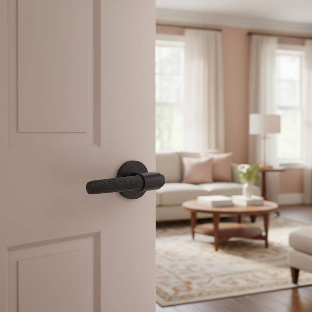Black knurled door handle on pink/cream door