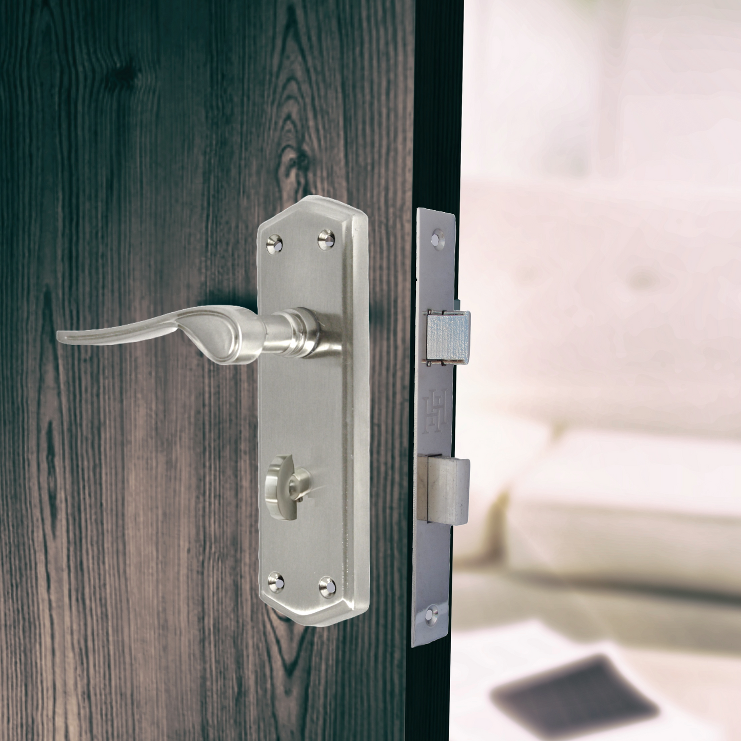 Satin Finish Bathroom Door Handle On Shaped Backplate + Bath Lock